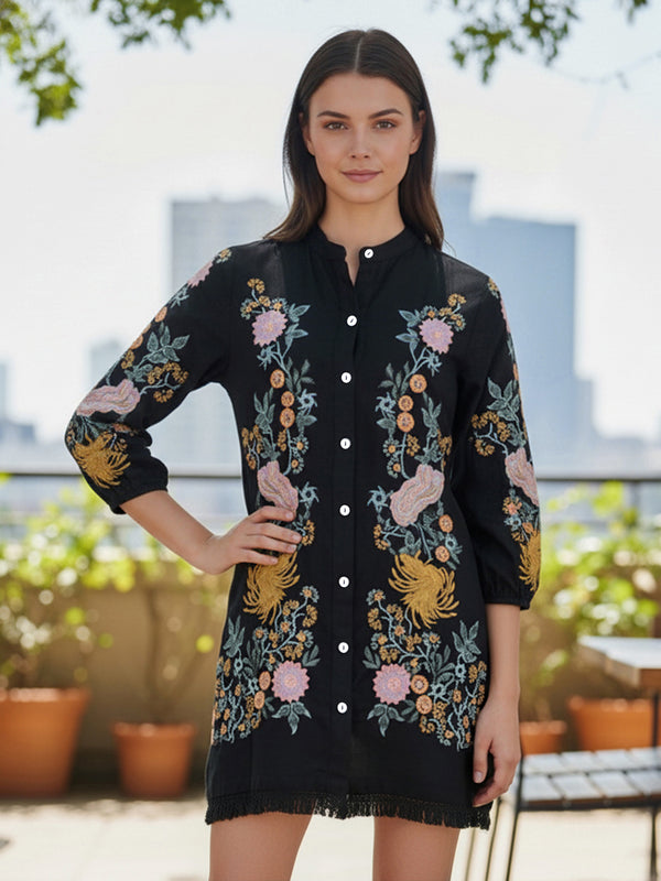 Black Cotton Embroidered Mini Dress