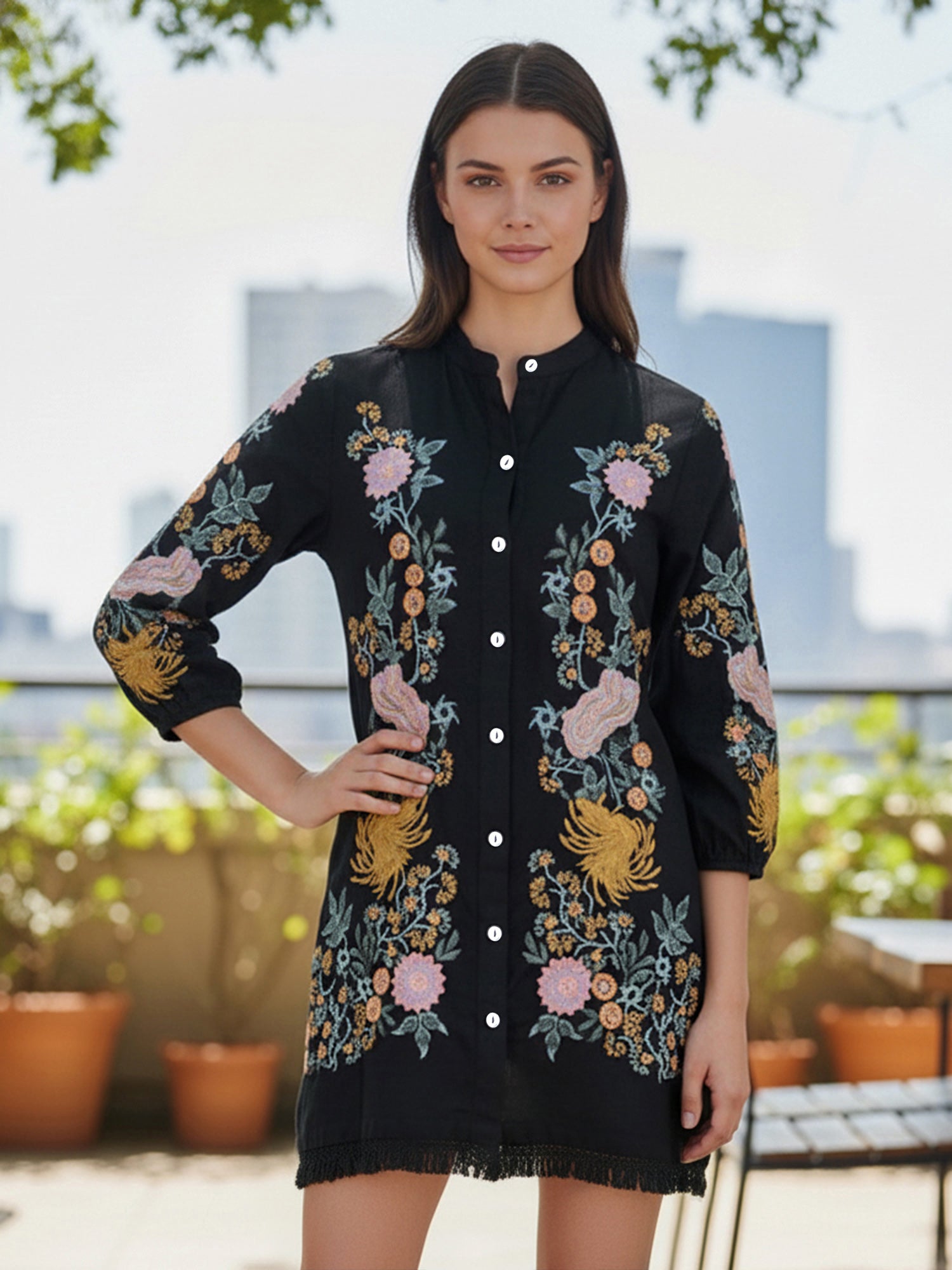 Black Cotton Embroidered Mini Dress