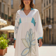 Teal Accent Printed Cotton Cambric Mini Dress