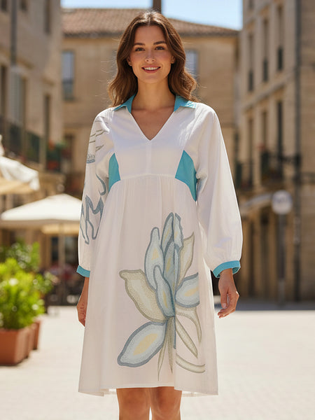 Teal Accent Printed Cotton Cambric Mini Dress