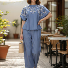 Serene Blue Cotton Embroidered Co-ord Set