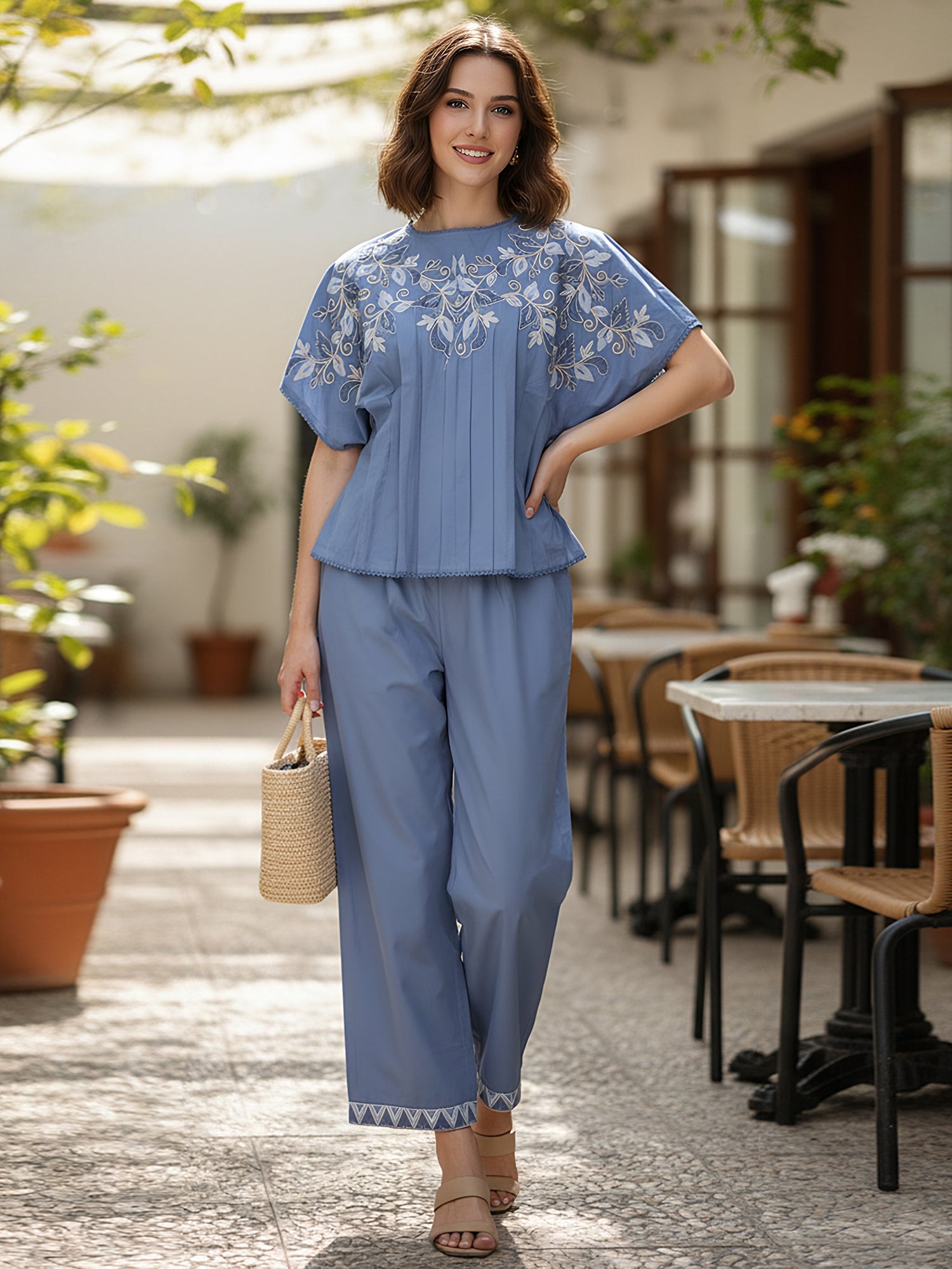 Serene Blue Cotton Embroidered Co-ord Set