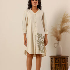 Beige flower embroidery Cotton Shirt Dress