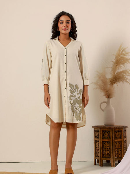 Beige flower embroidery Cotton Shirt Dress