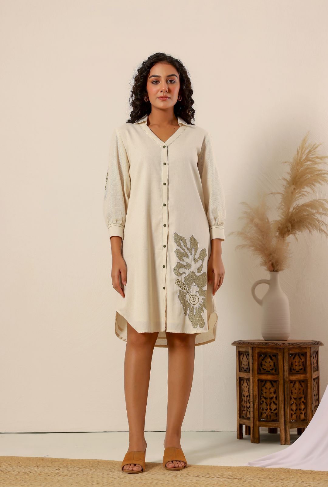 Beige flower embroidery Cotton Shirt Dress
