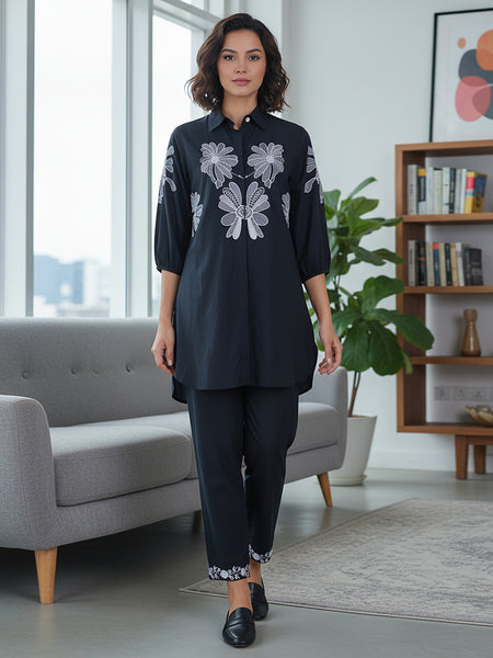 Navy Blue Shirt Pattern Co-ord Set