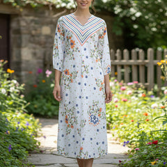 Elegant Floral Cotton Midi Dress with Embroidered V-Neck