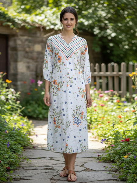 Elegant Floral Cotton Midi Dress with Embroidered V-Neck