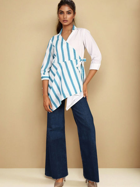 White Blue Cotton Wrap shirt