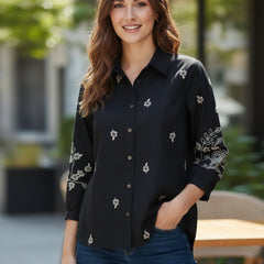 Elegant Black Button-Down Shirt with Floral Embroidered Sleeves