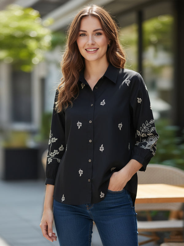 Elegant Black Button-Down Shirt with Floral Embroidered Sleeves