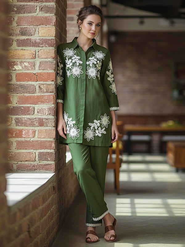 Green Floral Embroidered Cotton Co-ord Set