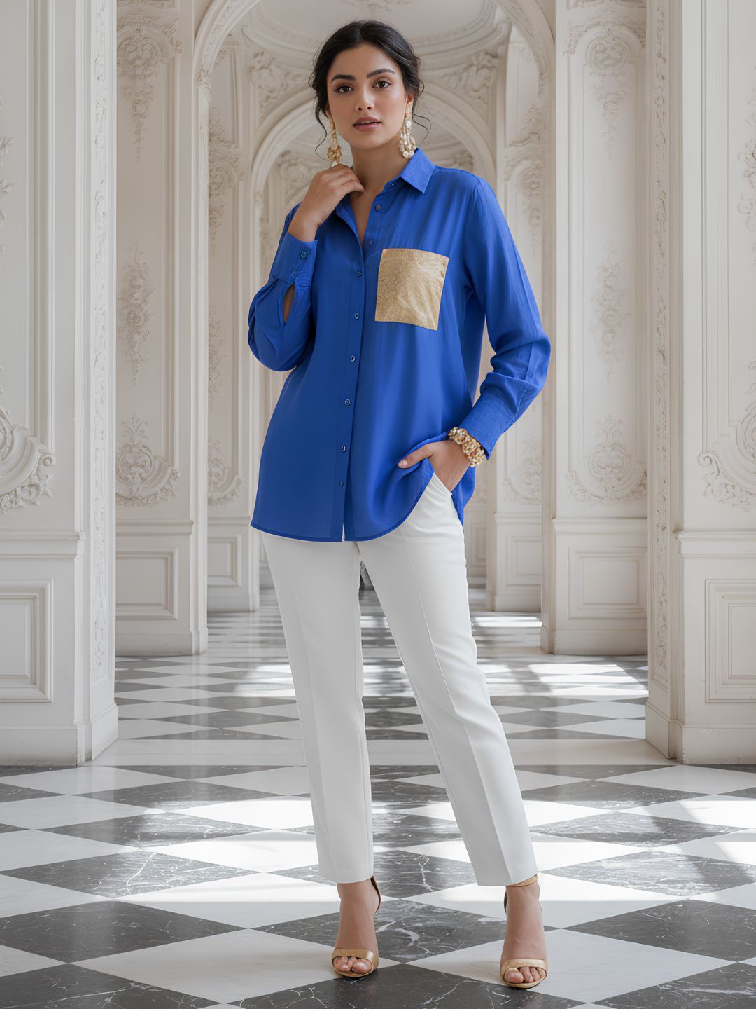 Women's Royal Blue Relaxed Fit Shirt with Gold Pocket Detail