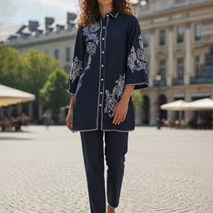 Navy Blue White Embroidered Co-ord Set