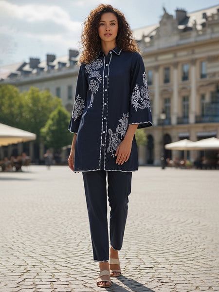 Navy Blue White Embroidered Co-ord Set