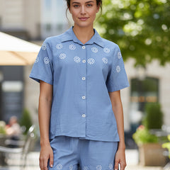 Elegant Blue Button-Down Embroidered Shorts Set