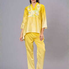 Yellow Satin Embroidered Top & Pant Co-ord Set