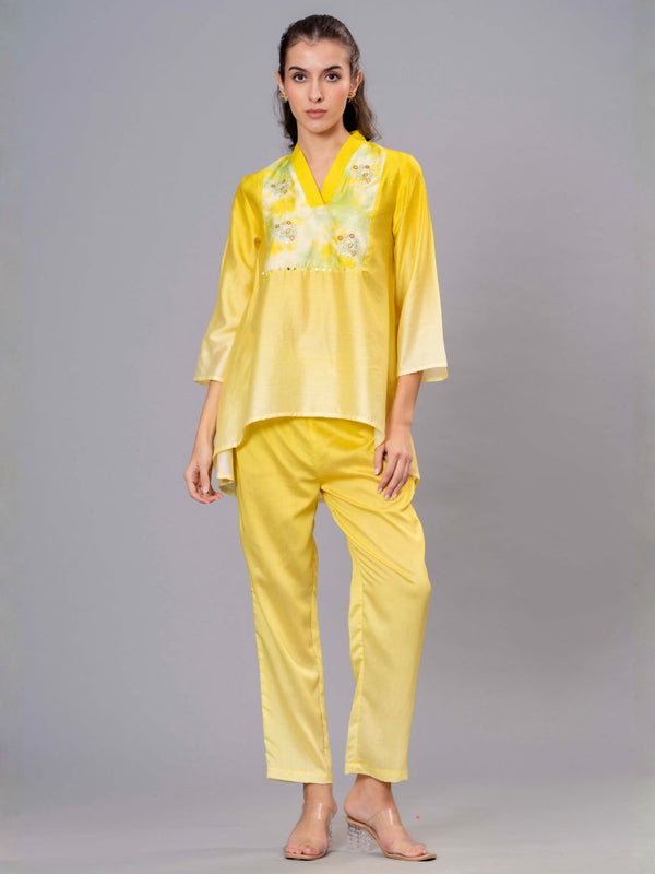 Yellow Satin Embroidered Top & Pant Co-ord Set