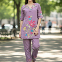 Lavender Floral Embroidered Kurta and Straight Pant Co-ord Set