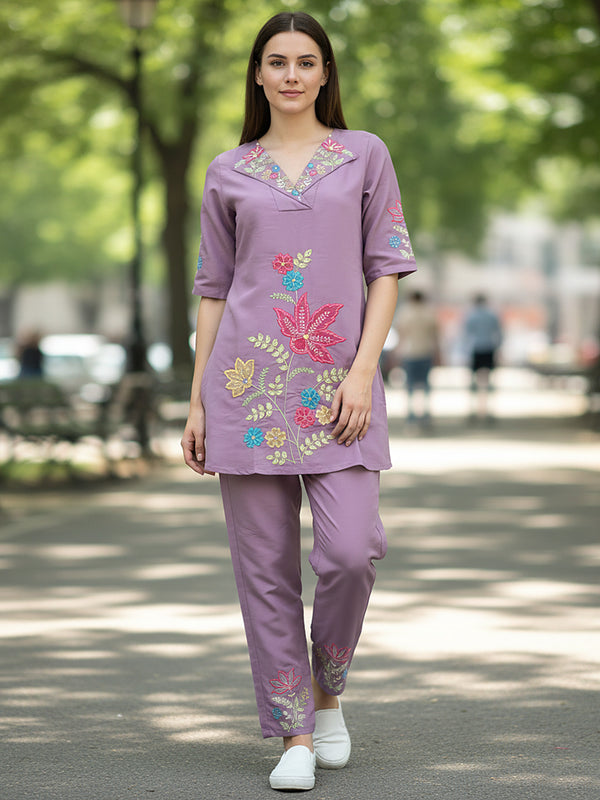 Lavender Floral Embroidered Kurta and Straight Pant Co-ord Set