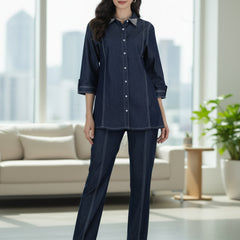 Viscose Navy Blue Embroidered Co Ord Set