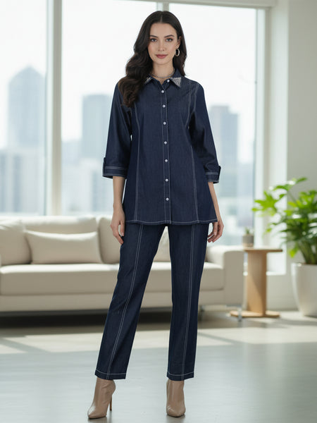 Viscose Navy Blue Embroidered Co Ord Set