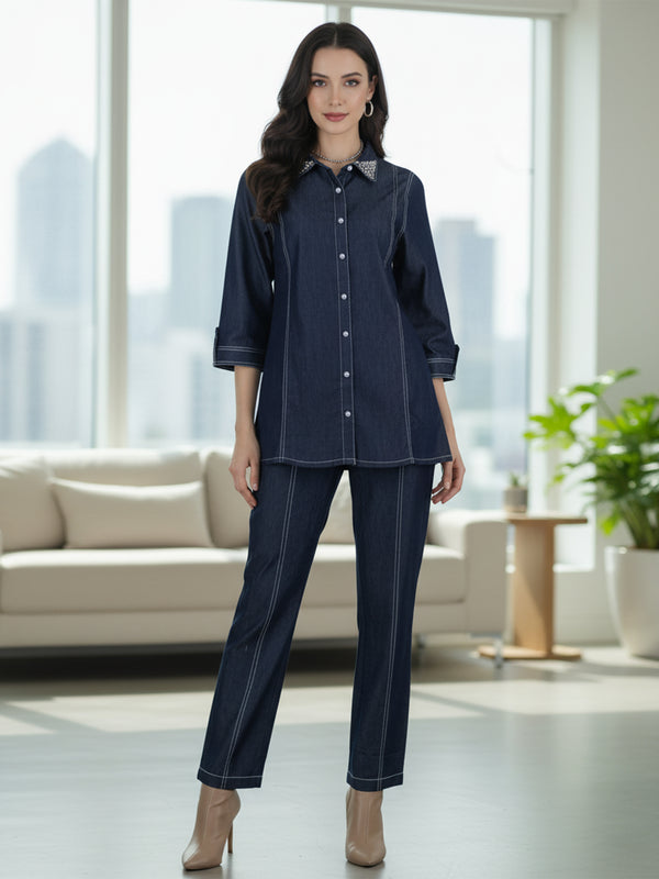 Viscose Navy Blue Embroidered Co Ord Set