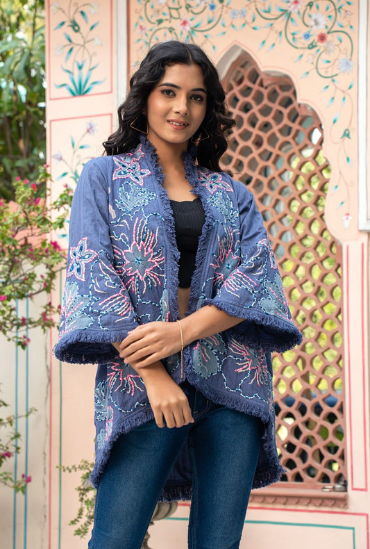 Blue Cotton Embroidered Jacket
