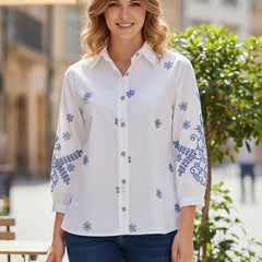 Elegant White Button-Down Shirt with Blue Floral Detailing