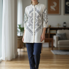 Chic Off-White & Blue Embroidered Rayon Co-ord Set