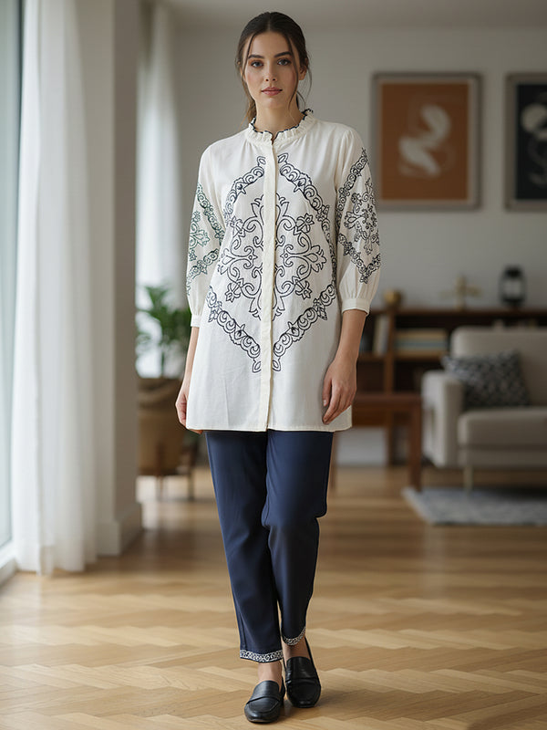 Chic Off-White & Blue Embroidered Rayon Co-ord Set