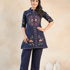 Stylish Navy Blue Embroidered Kurta with Matching Pants
