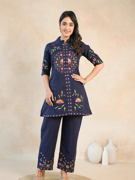 Stylish Navy Blue Embroidered Kurta with Matching Pants