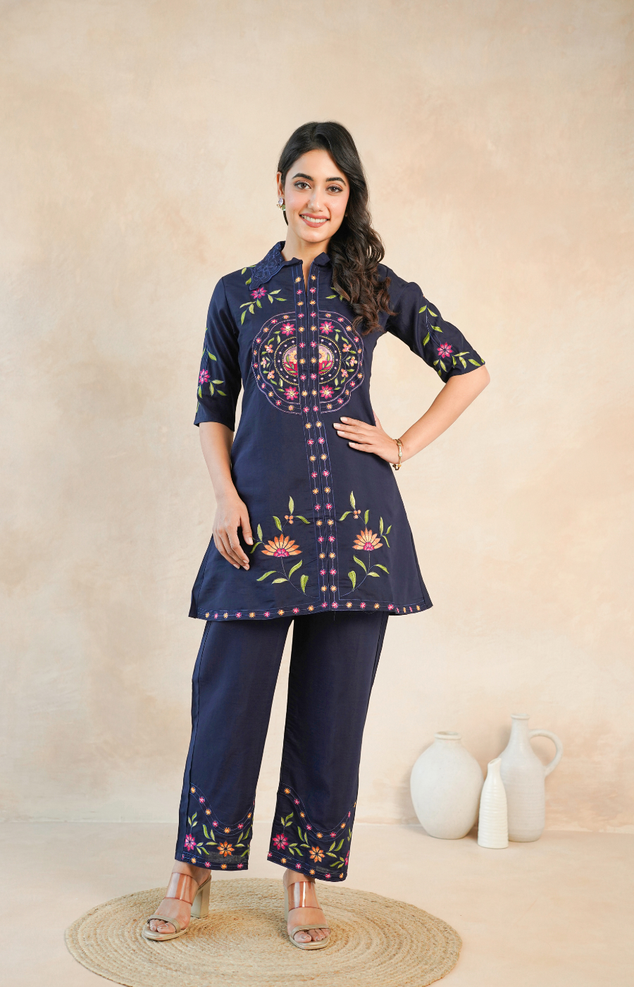 Stylish Navy Blue Embroidered Kurta with Matching Pants