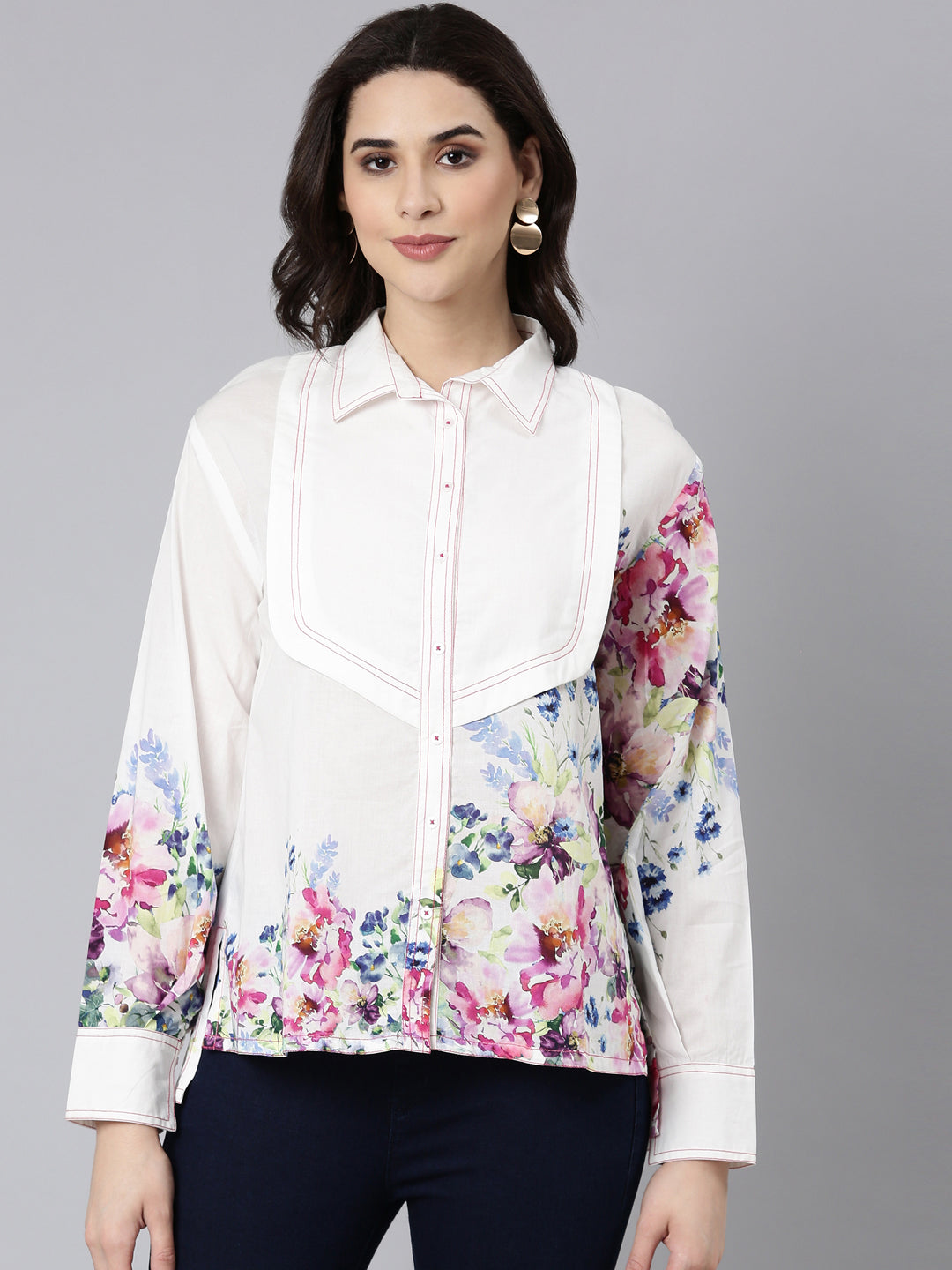 White Printed Shirt Pattern Top