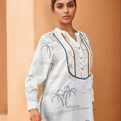 White Printed Cotton Flex V-Neck Shirt with Full Sleeves