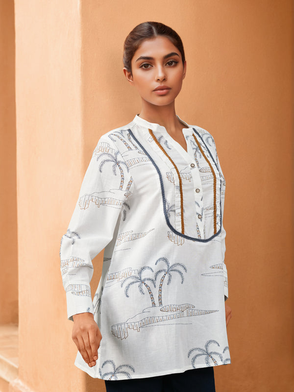 White Printed Cotton Flex V-Neck Shirt with Full Sleeves