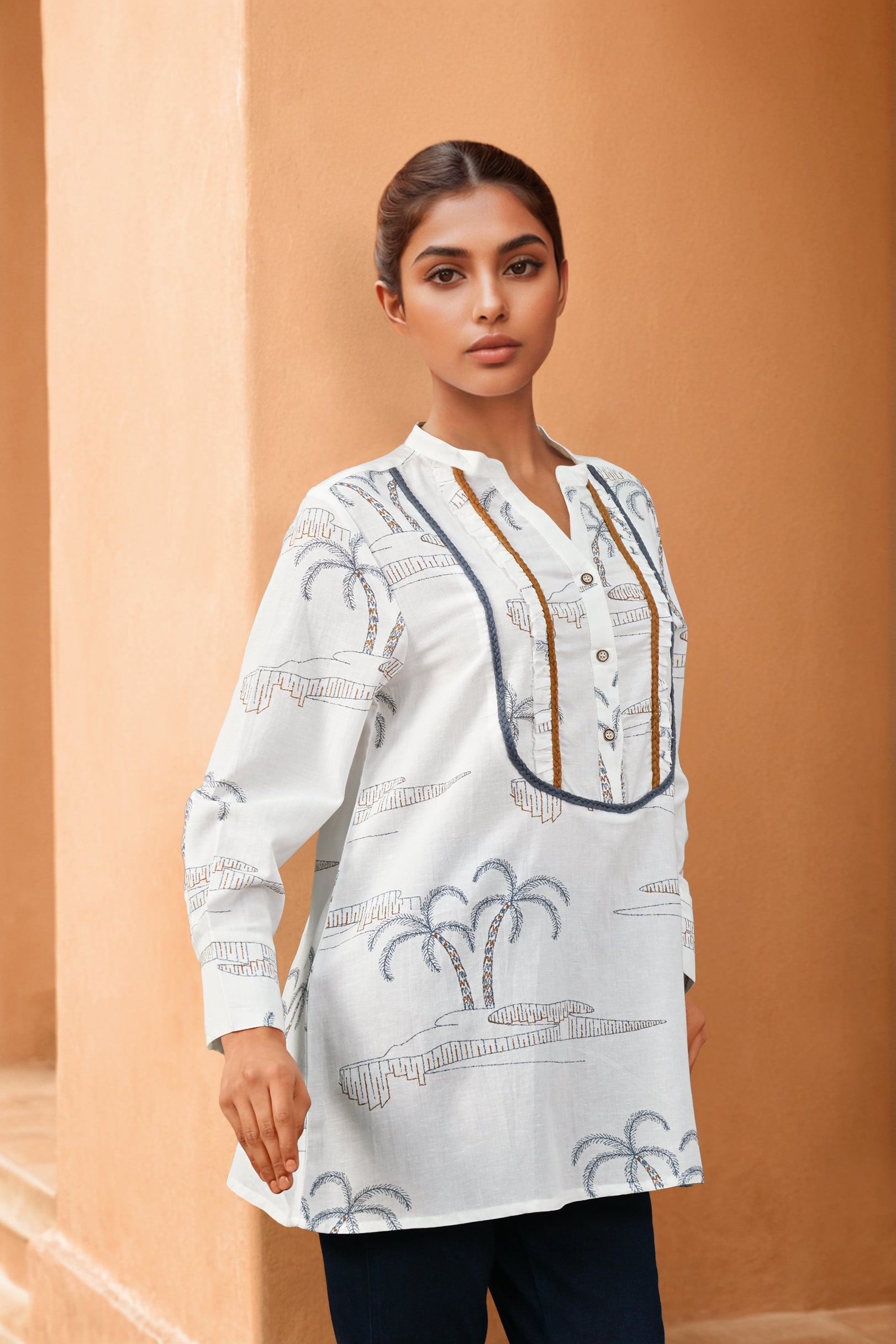 White Printed Cotton Flex V-Neck Shirt with Full Sleeves