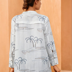 White Printed Cotton Flex V-Neck Shirt with Full Sleeves