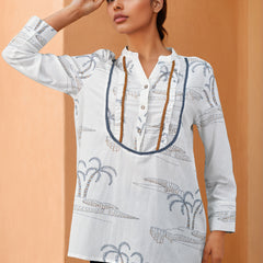 White Printed Cotton Flex V-Neck Shirt with Full Sleeves