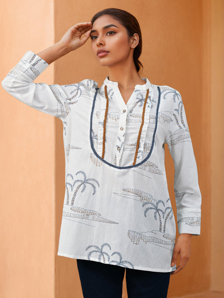 White Printed Cotton Flex V-Neck Shirt with Full Sleeves