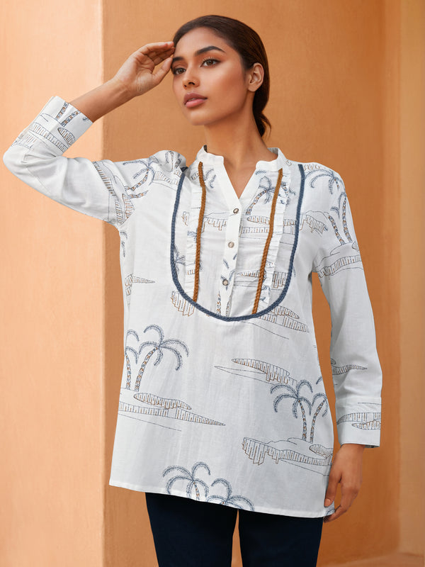 White Printed Cotton Flex V-Neck Shirt with Full Sleeves