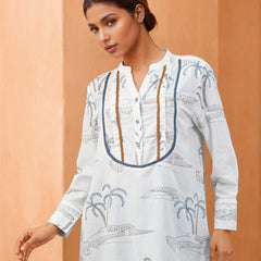 White Printed Cotton Flex V-Neck Shirt with Full Sleeves