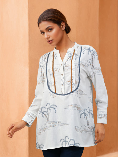 White Printed Cotton Flex V-Neck Shirt with Full Sleeves