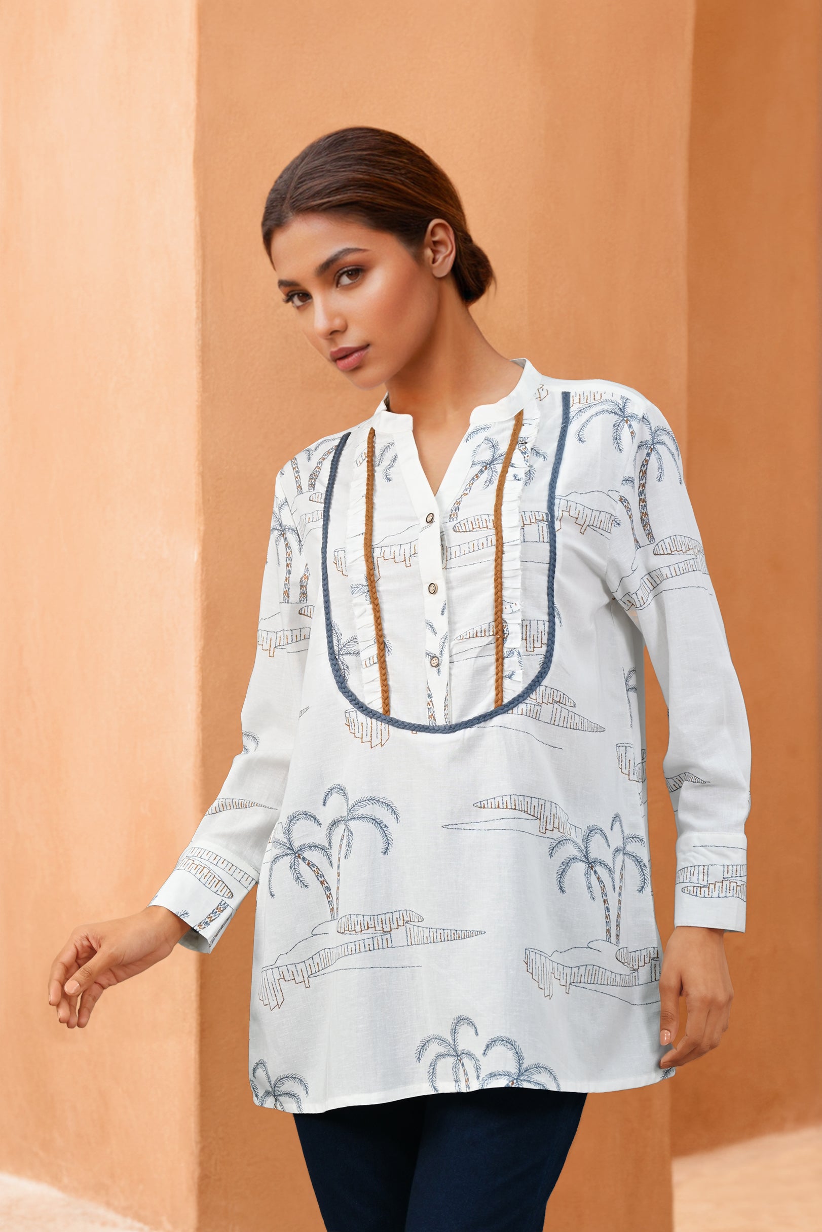 White Printed Cotton Flex V-Neck Shirt with Full Sleeves