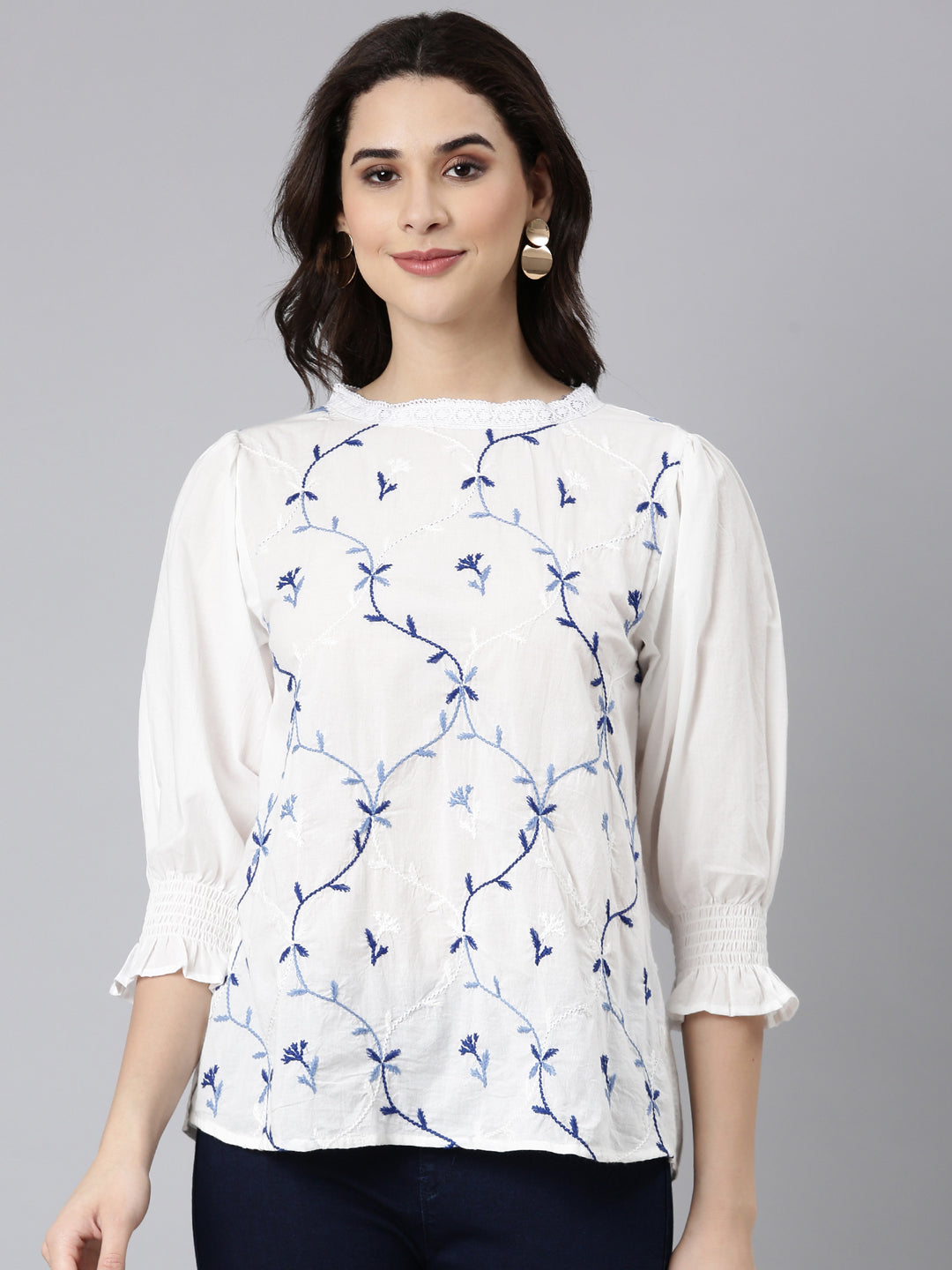 Elegant White Cotton Top With Blue Embroidery