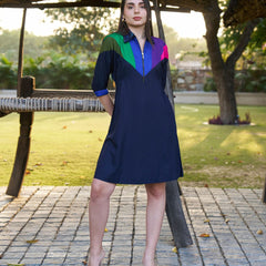 Navy Spectrum Hand-Painted Cotton Collared Midi Dress