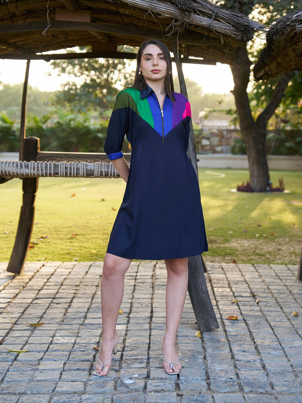 Navy Spectrum Hand-Painted Cotton Collared Midi Dress