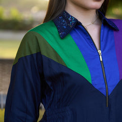 Navy Spectrum Hand-Painted Cotton Collared Midi Dress