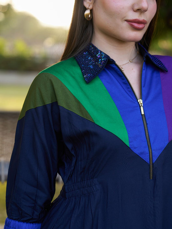 Navy Spectrum Hand-Painted Cotton Collared Midi Dress